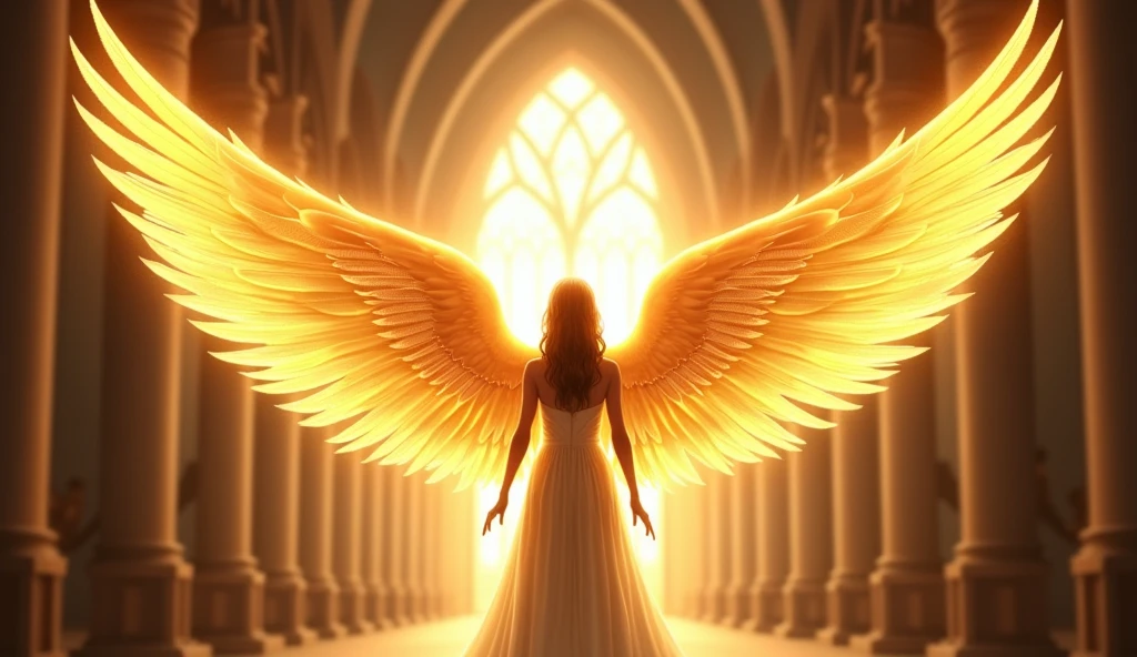 Printable Vector Professional Vector, Accurate shot, 8K resolution, Stunning illustrations，angel with bright wings，gold color，church background