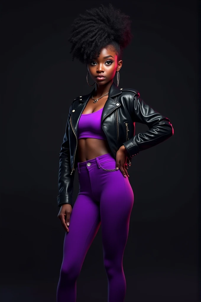 A dark skinned teenage girl wearing a black leather jacket over a purple crop top and purple leggings