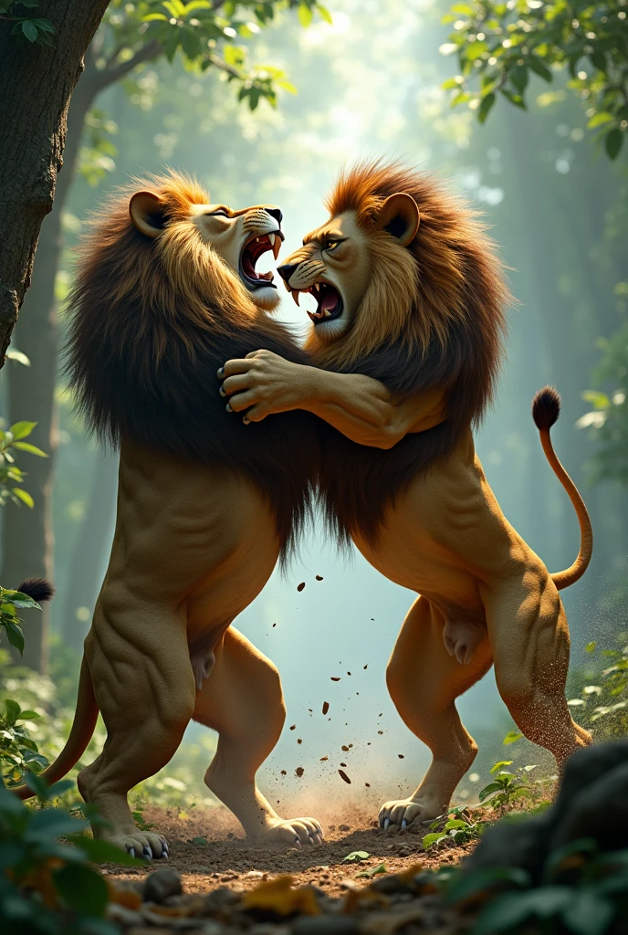 Two lions fighting in the forest