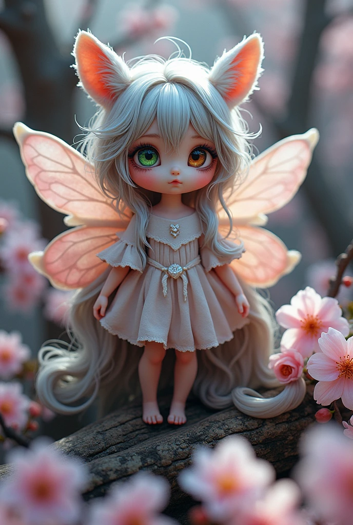 Super mini size、eye々crisp、片方のeyeは緑色で、もう片方のeyeは茶色です、length, Curled eyelashes、Hair is silver、Raccoon Ears、You're wearing fluttery clothes、Beautiful fairy、Is that the cherry tree in the background??、The labyrinth of the mind