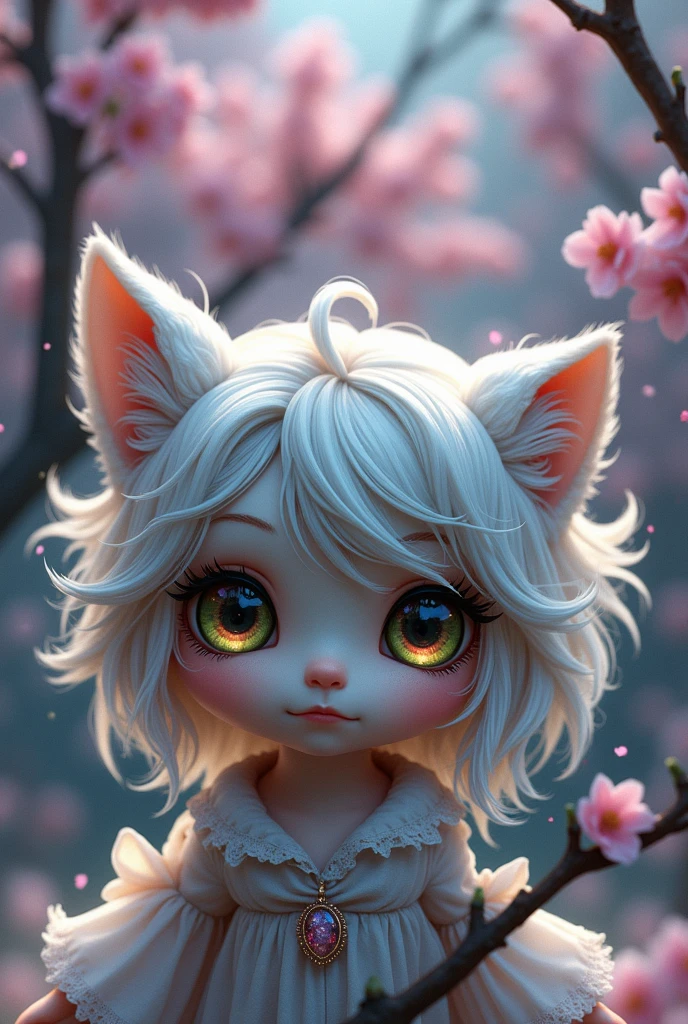 Super mini size、eye々crisp、片方のeyeは緑色で、もう片方のeyeは茶色です、length, Curled eyelashes、Hair is silver、Raccoon Ears、You&#39;re wearing fluttery clothes、Beautiful fairy、Is that the cherry tree in the background??、The labyrinth of the mind