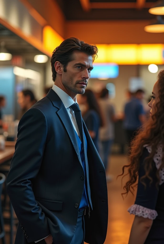 Image of a black-haired, blue-eyed businessman, Located in front of a cafeteria where he sees a brunette girl with curly hair 