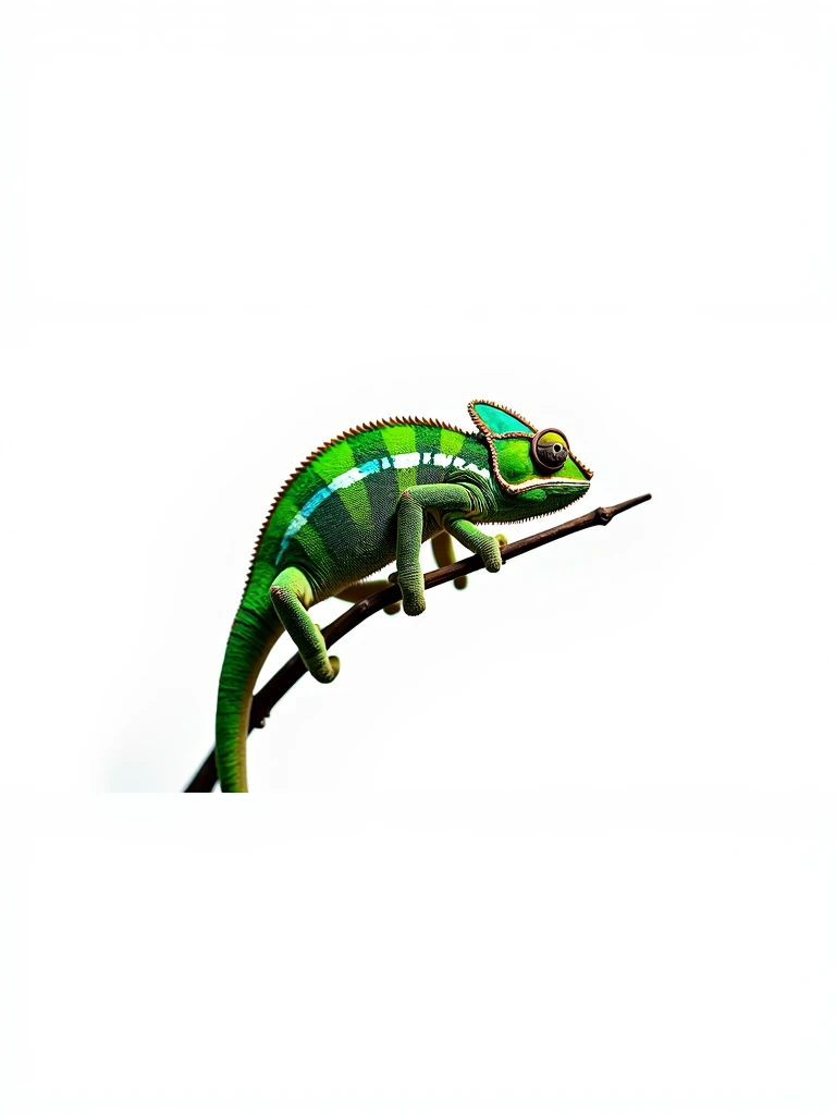 : A vibrant chameleon with vivid green scales, perched on a branch, its detailed texture isolated against a pure white background. 8k