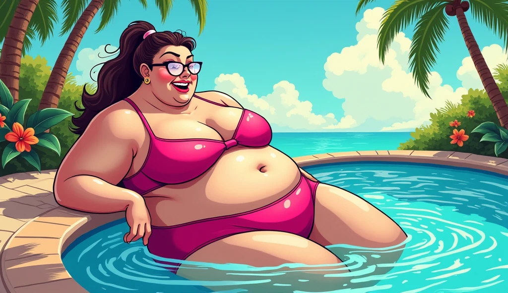 beautiful morbidly obese woman in a bikini farting in a pool, comic artstyle