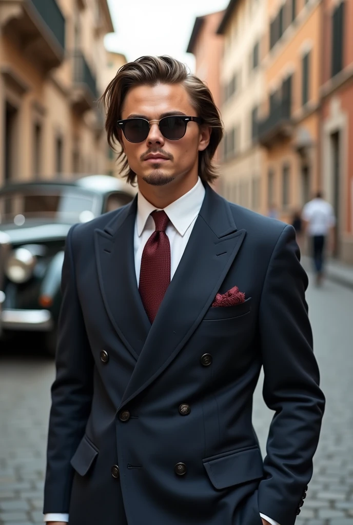 Photo in old money style..  Super detail. Boy with Leonardo di Caprio style hair, Sunglasses, Vintage navy blue double-breasted suit and vintage burgundy tie. Background street in Rome,  1 rare car is standing nearby. Photo taken with Sony a7iii 50mm 1.2 and taken at medium distance 