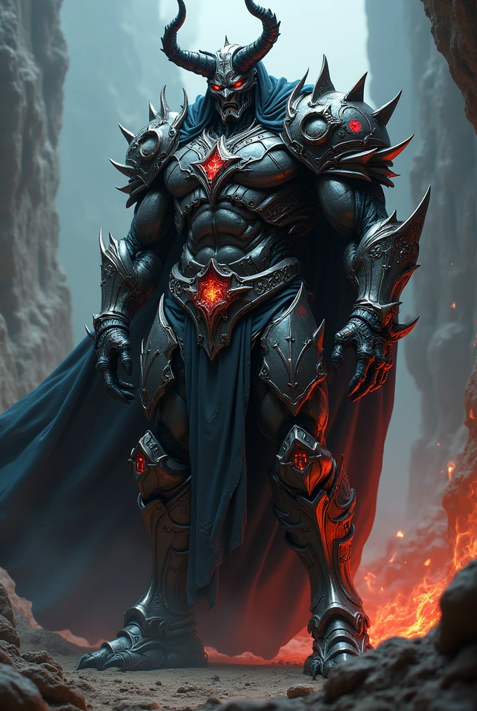 Demon man in shining metal armor 
