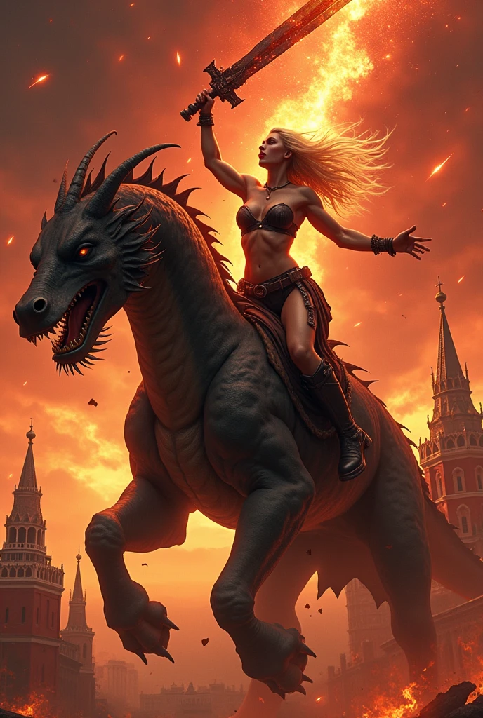 full-length sexy a fierce,Goddess of Revenge, blonde warrior with muscular body rides atop a dragon. Her untamed hair flows wildly as she raises a gleaming burning with red hellfire sword high, big breasts, naked body, beautiful detailed eyes burning with red hellfire , beautiful detailed lips, very detailed face and body, over the Burning Ruins of the Moscow Kremlin and Red Square below is a picture of burning ruins, and above in the sky a meteorite fiery rain, crimson sky, in the style of Boris Vallejo and LUIS Royo ((masterpiece, top quality, Highest image quality, High resolution, Photorealistic, RAW photo, 8K)), ((extremely detailed CG wallpaper unified 8k)), (Huge stunning shot of the goddess, Very hot and sexy, stunning beauty, Ideal proportions, Beautiful body, Slim body, beauty:1.4) caption: "KlausLoki" is indicated in the down right corner of the picture