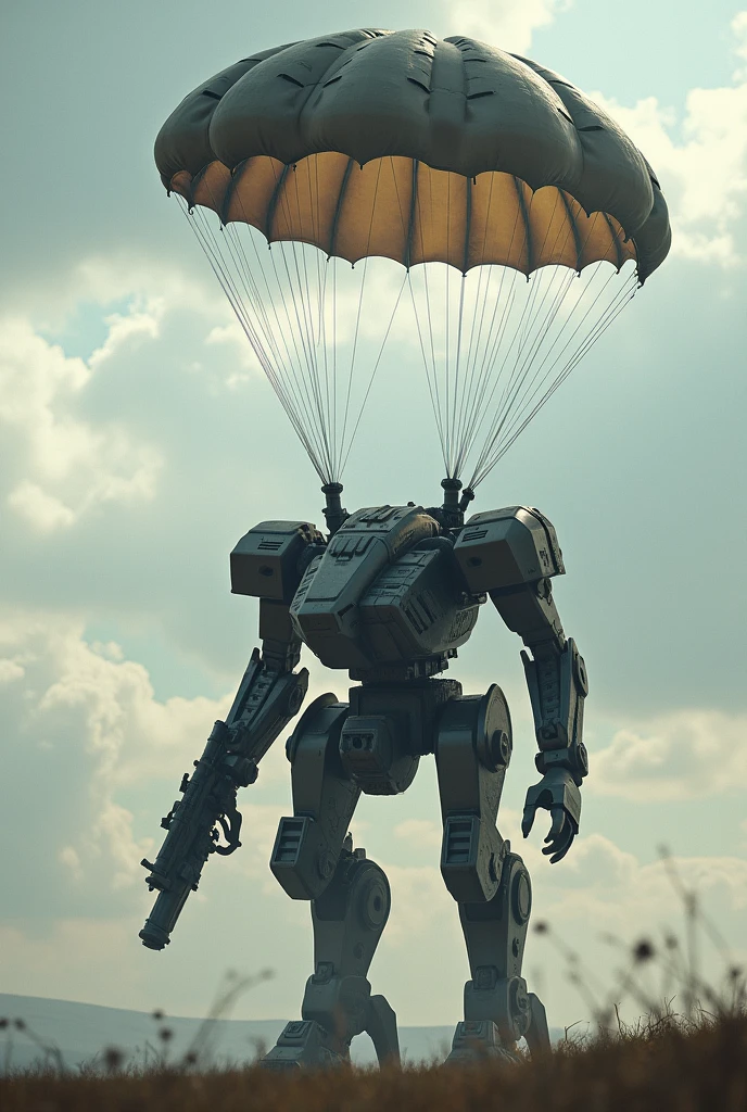realistic military mech unit dropping from the sky with parachute  