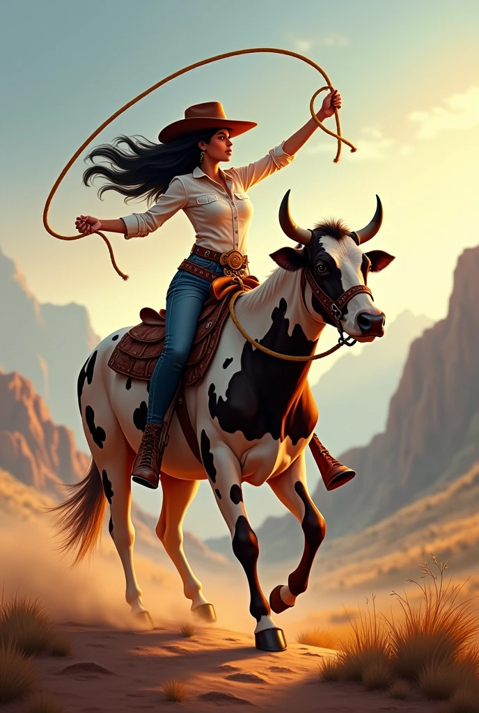 Side view, Hispanic cow girl, spinning a lasso above her head, riding a spotted cow
