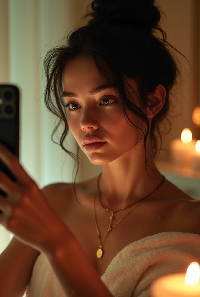 /imagine prompt: 4K resolution, vibrant colors, (high contrast:1.2), cinematic look:1.3, hyper-realistic, single female, dark-haired, alone, luxurious spa bathroom, ambient lighting, selfie moment, (partial mirror view:1.1), smartphone in hand, relaxed expression, Samsung Galaxy S21 Ultra, night mode, (sparkling eyes:1.2), (messy bun hairstyle:1.3), minimal jewelry, (plush towel wrapped:1.1), scented candles visible, droplets on skin