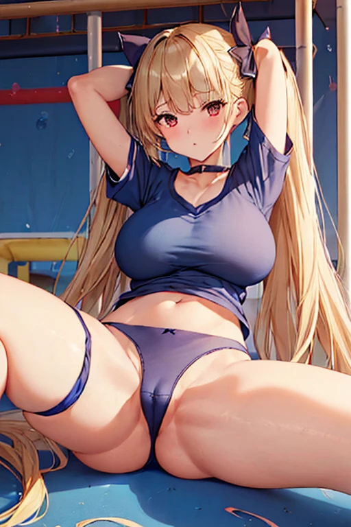 (((Spread your legs、Dark blue sports panties、White short-sleeved T-shirt))、(((Accentuate the crotch)))、Highest quality, 8k, masterpiece :1.3)), whole body, Sharp focus :One Girl,Glowing Skin,SSexy pose,Highest quality,Tabletop,shape,Very delicate and beautiful,Hmph,8k壁紙,wonderful,In detail,Official Art,Very detailedなティッカーUnity 8k壁紙,Incredibly ridiculous,Large file size,Very detailedな,High resolution,Very detailed,Beautiful detailed girl,Realistic,X-ray,The queue is full,(((Dark blue sports panties、White short-sleeved T-shirt)))、(((Big Breasts、blonde)))、(((School、physical education、playground、Ground、outside)))、Stand upright、Cleavage , ((Long golden hair))、Short-sleeved T-shirt、Dark blue sports panties、Sexy pose、Hairstyle: Twin tails、both hands、Wearing socks