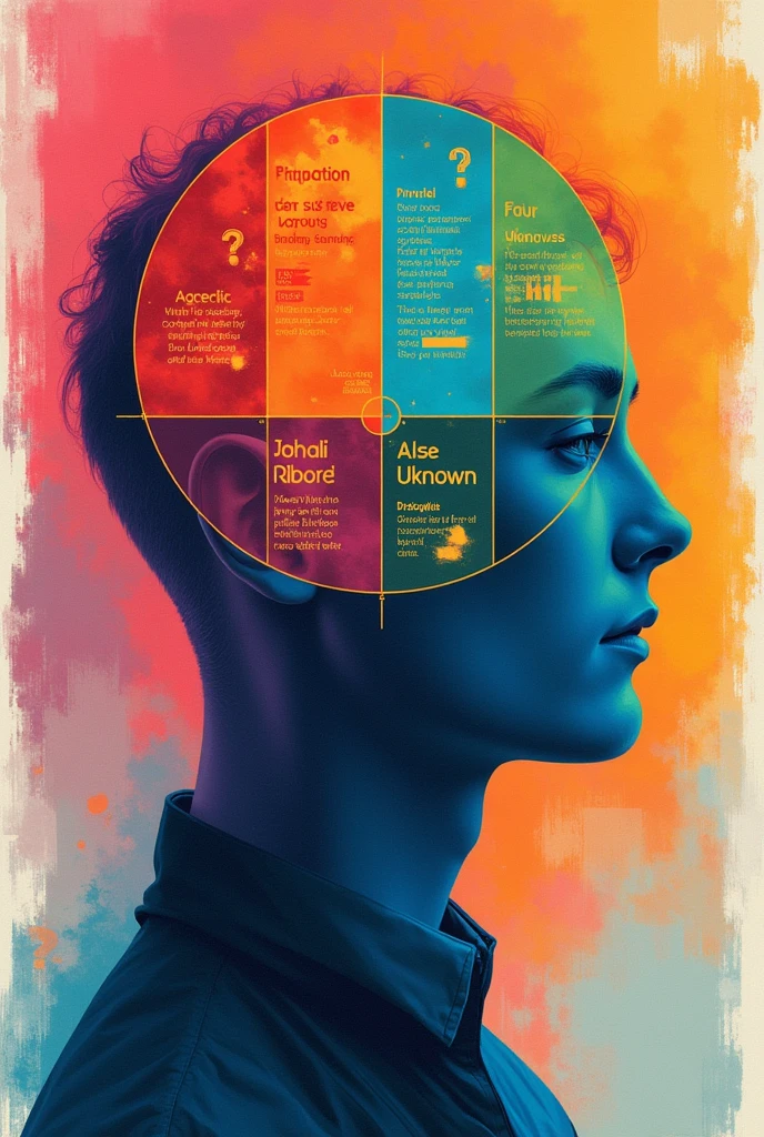 Colorful Johari window with 5 personality descriptions in each one and in the private area the 5 descriptions are encrypted or not available to the public and in the unknown area put something thematic to the unknown