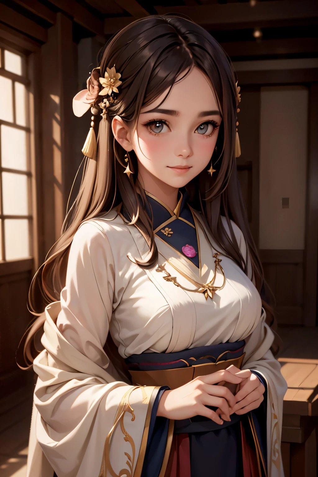 best quality, masterpiece, highres, 1girl,blush,(seductive smile:0.8),star-shaped pupils,china hanfu,hair ornament,necklace, jewelry,Beautiful face,upon_body, tyndall effect,photorealistic, dark studio, rim lighting, two tone lighting,(high detailed skin:1.2), 8k uhd, dslr, soft lighting, high quality, volumetric lighting, candid, Photograph, high resolution, 4k, 8k, Bokeh