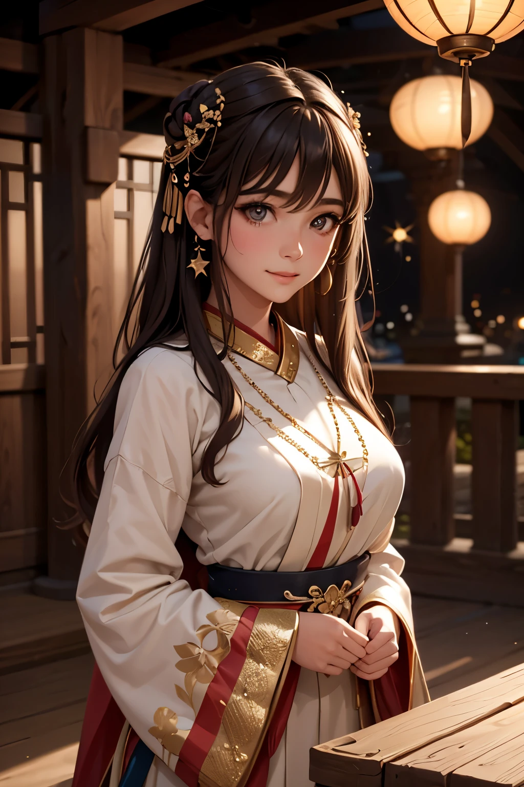 best quality, masterpiece, highres, 1girl,blush,(seductive smile:0.8),star-shaped pupils,china hanfu,hair ornament,necklace, jewelry,Beautiful face,upon_body, tyndall effect,photorealistic, dark studio, rim lighting, two tone lighting,(high detailed skin:1.2), 8k uhd, dslr, soft lighting, high quality, volumetric lighting, candid, Photograph, high resolution, 4k, 8k, Bokeh