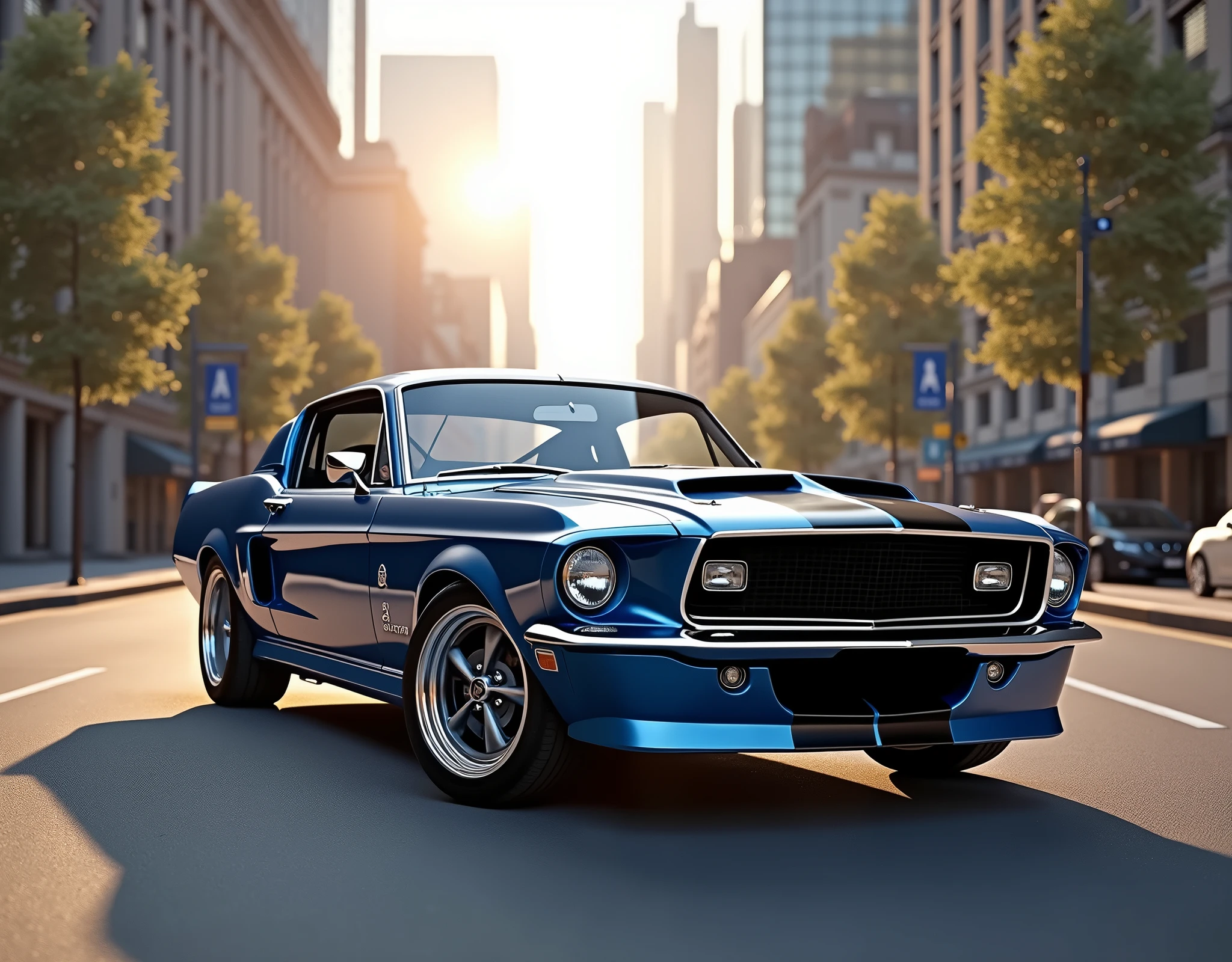 Make an image for a blue 1968 Ford Mustang GT 390 Fastback Bullitt in an empty city street in America in the daytime