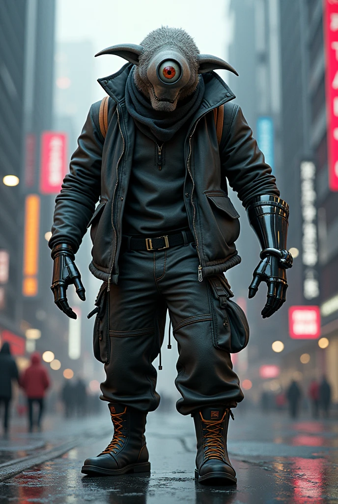 Cyclops with urban clothes in a futuristic world and a metal arm