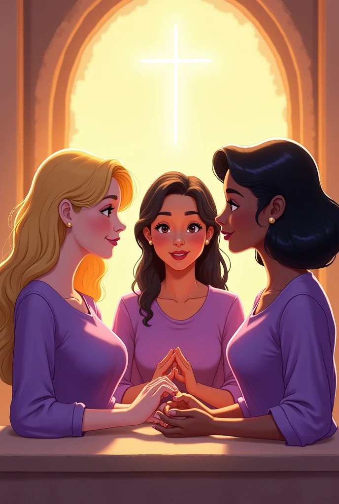 Disney style drawing ia, Three women, a blond, a black Japanese enuma, with purple blouses Adventist Women's Ministry, No earring and no drawstring, without any jewelry.