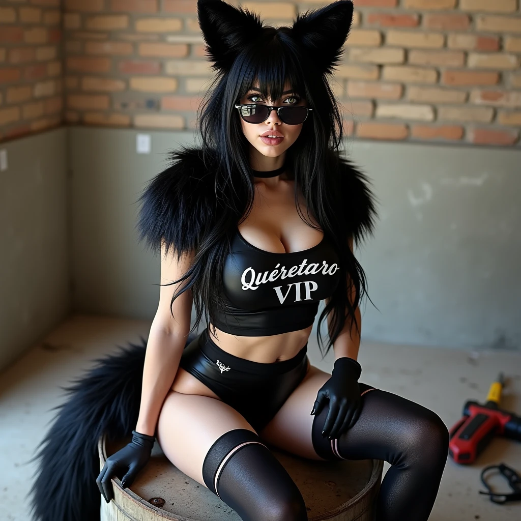 women, 18 years, huge breasts, black fur, White skin, green eyes, Athletic legs, black latex lingerie , Black cropped fitted t-shirt with the legend: "Queretaro VIP", Sunglasses, fox ears, Fox tail, sitting on the barrel , brick wall in the background, In the background you can see a construction in progress, tools on the ground 