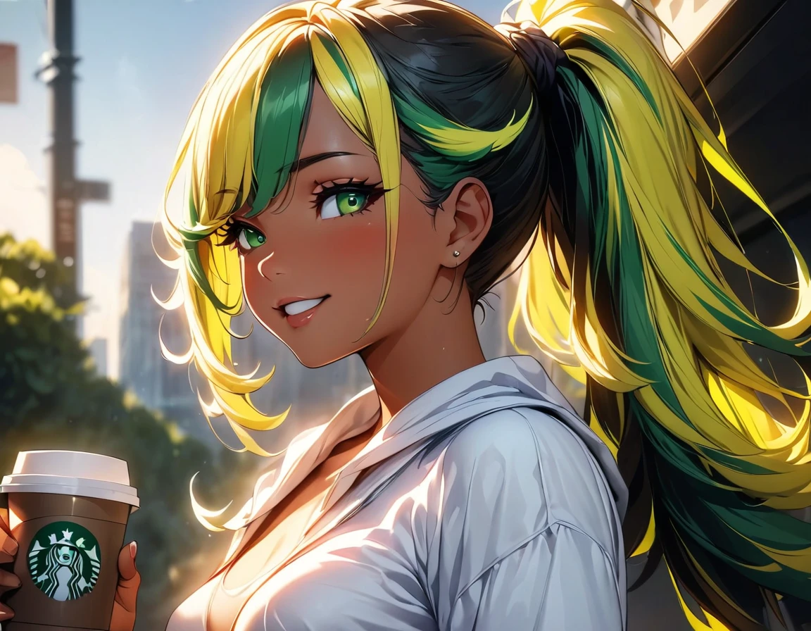 (highest quality:1.2, Very detailed, up to date, Vibrant, Ultra-high resolution, High Contrast, masterpiece:1.2, highest quality, Best aesthetics), Portraiture、girl、((2:1.8)), Bright colors、Beautiful fine details、Beautiful lip detail、long hair, (ponytail:1.3), white and yellow green ((streaked hair:1.6)), highlights hair: 1.5, (small breast,:1) (tan skin:1), drinking coffee, in Starbucks, happy, cowboy shot