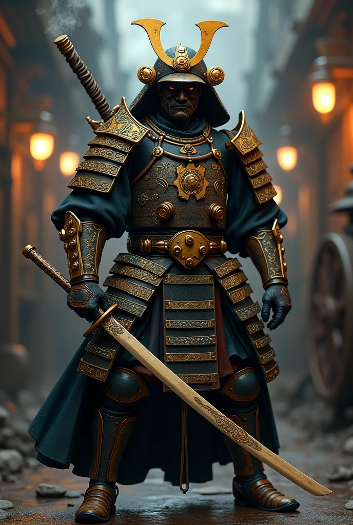 Steampunk samurai with steam coming out of a pipe