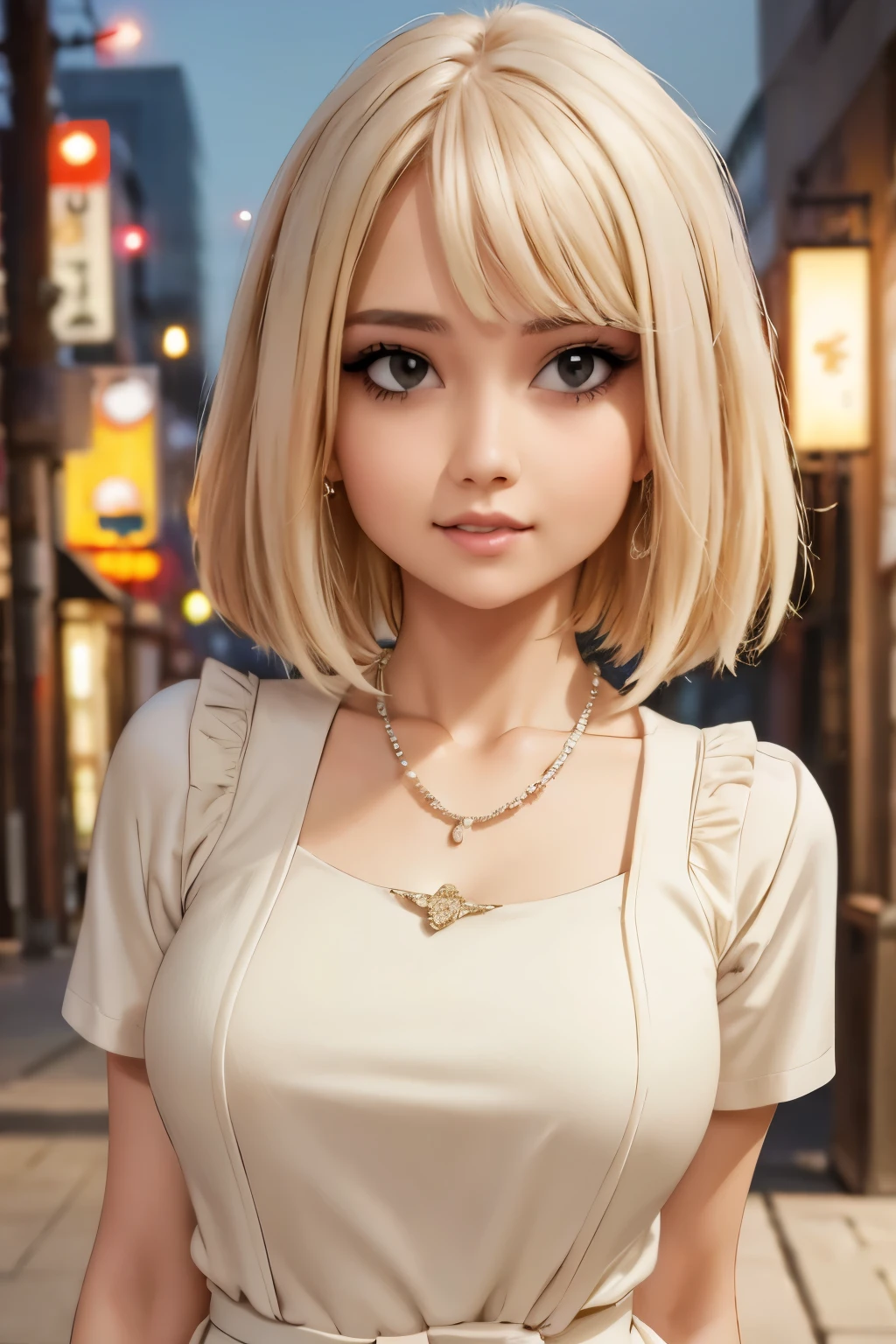 Curled bob cut, platinum hair woman in orange collared shirt posing to take photo in city, 8K artgerm Bokeh, well-proportioned body, beautiful korean woman, gorgeous necklace, beautiful young korean woman, soft portrait shot 8 K, korean girl, double and narrow eyes, beautiful gray eyes, Los Tran 8 K, Cute young woman, Korean woman, beautiful blonde girl