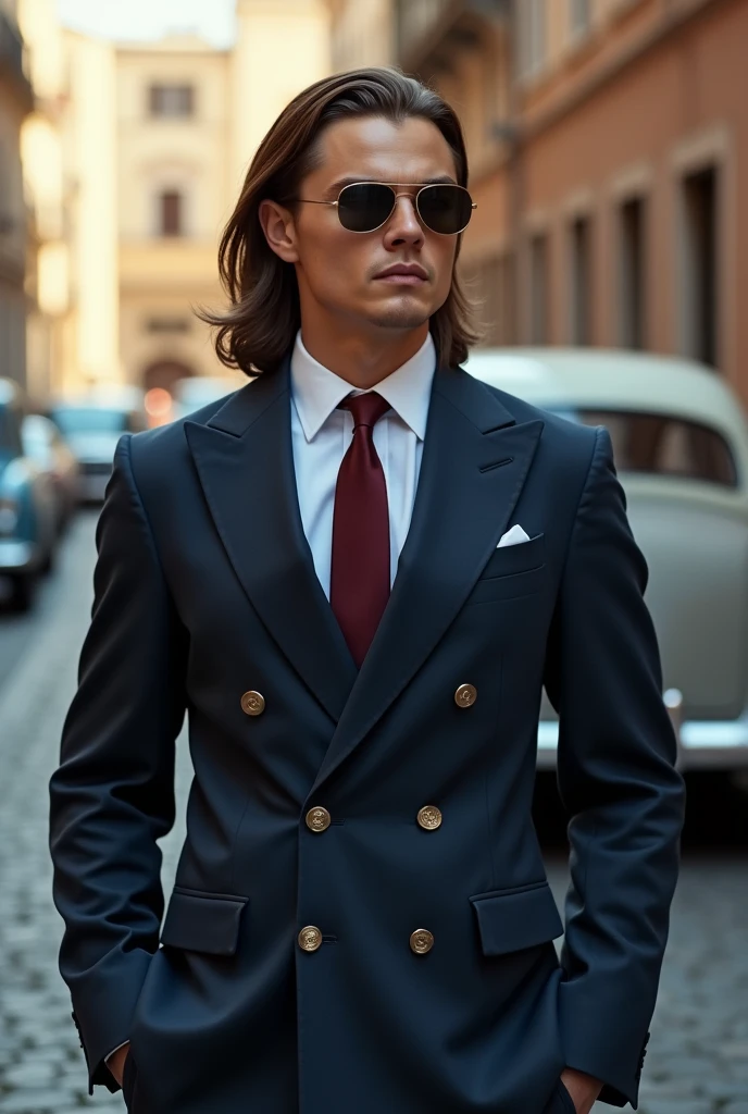 Photo in old money style..  Super detail. Boy with Leonardo di Caprio style hair, Sunglasses, Vintage navy blue double-breasted suit and vintage burgundy tie. Background street in Rome,  1 rare car is standing nearby. Photo taken with Sony a7iii 50mm 1.2 and taken at long distance 