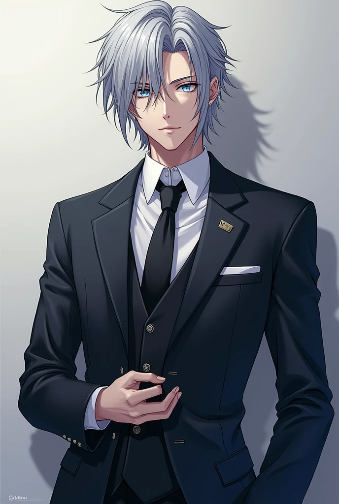 I want you to create a realistic male anime character around 2 with dark silver hair, snow blue eyes, Medium short long hair combed and with a suit twisted up, medium strong