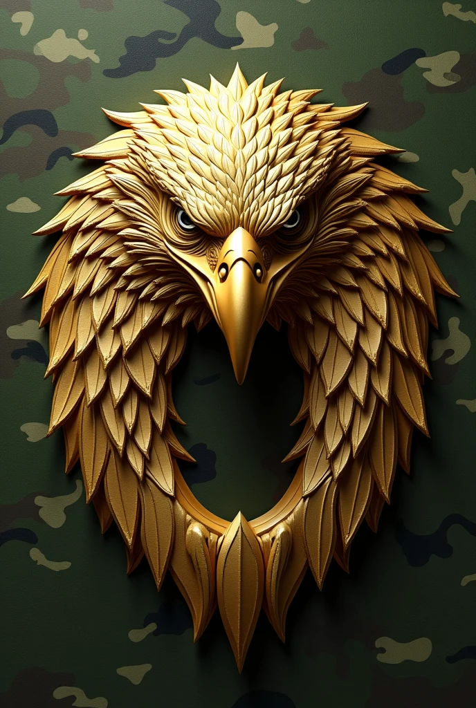 Uppercase letter O made with a gold carved eagle head with a military green camouflage background 
