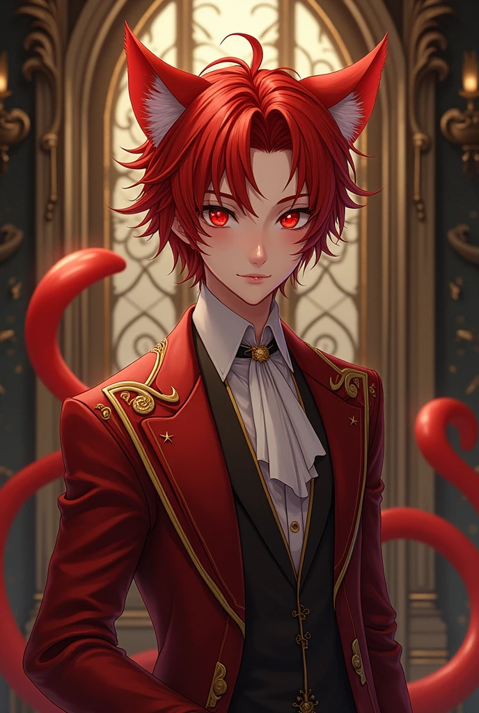 man, Beautiful face, Red hair, red cat ears, red cat tail., Antique clothes, Red eyes, beautiful body, high detail, professional quality, realistically, anime art