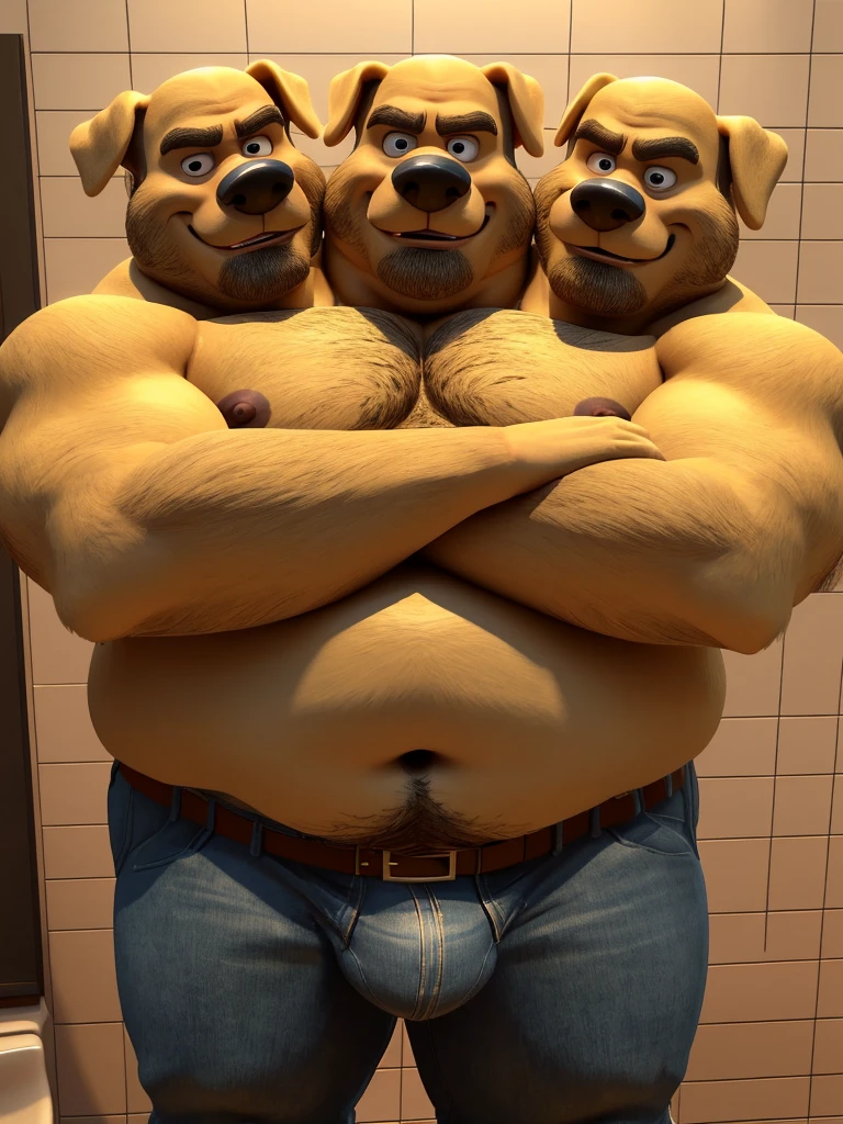 solo, golden retriever, twins, 60 year old male, different facial expressions, three identical heads attached to the same body, golden retriever ears, bald, yellow fur, masculine, three necks, eyes, adult, male, (3d, by Disney), ugly, (overweight, fat, obese, big belly), beards, stubble, bathroom background, (shirtless, navel, male nipples, jeans, belt, bulge), correct hands, correct anatomy, (ultradetailed, best quality, detailed masterpiece, highly detailed masterpiece, 4k, professional cartoon:1.7), (natural pose, sexy pose, ((arms crossed:1.3))