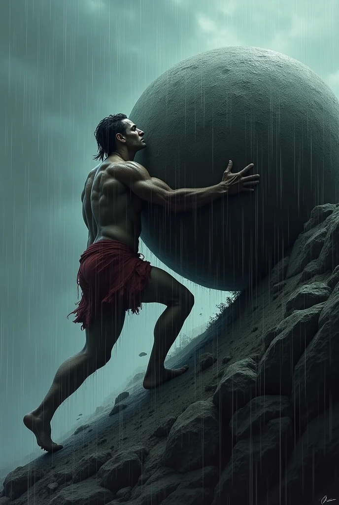 Sisyphus pushing a giant boulder in the rain