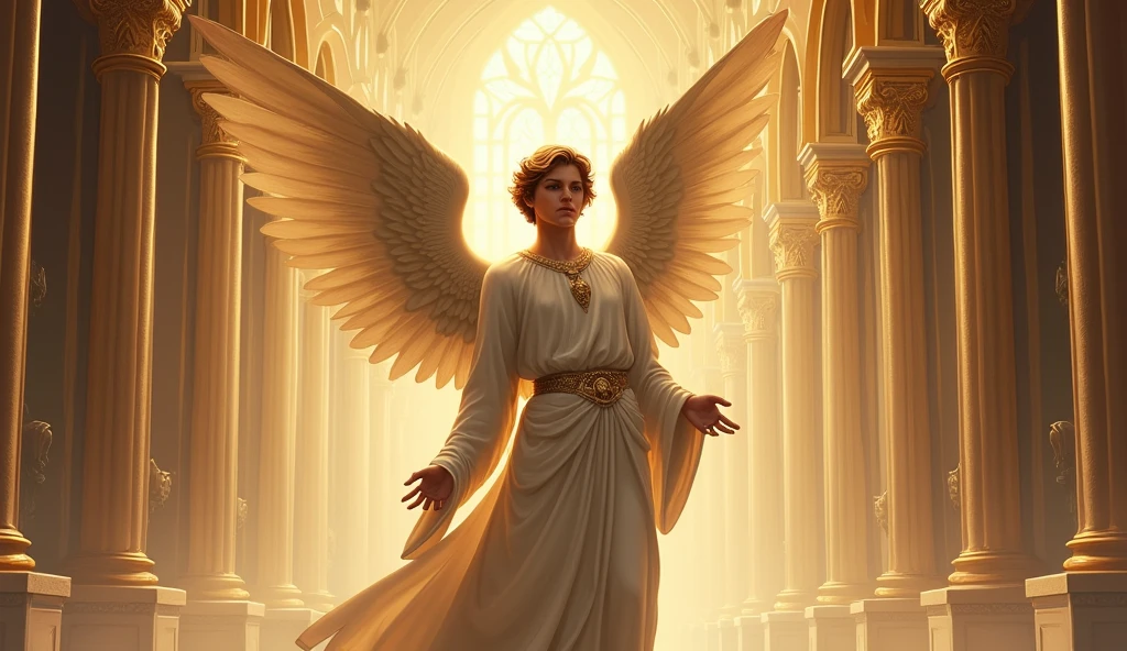 Printable Vector Professional Vector, Accurate shot, 8K resolution, Stunning illustrations,male angel inside the church far away,gold color,church background