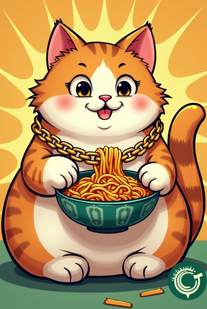Fat friendly inviting cat with Asian look sitting eating from a bowl that she carries with her tail Chinese noodles wearing fat gold chain color logo green in comic style 