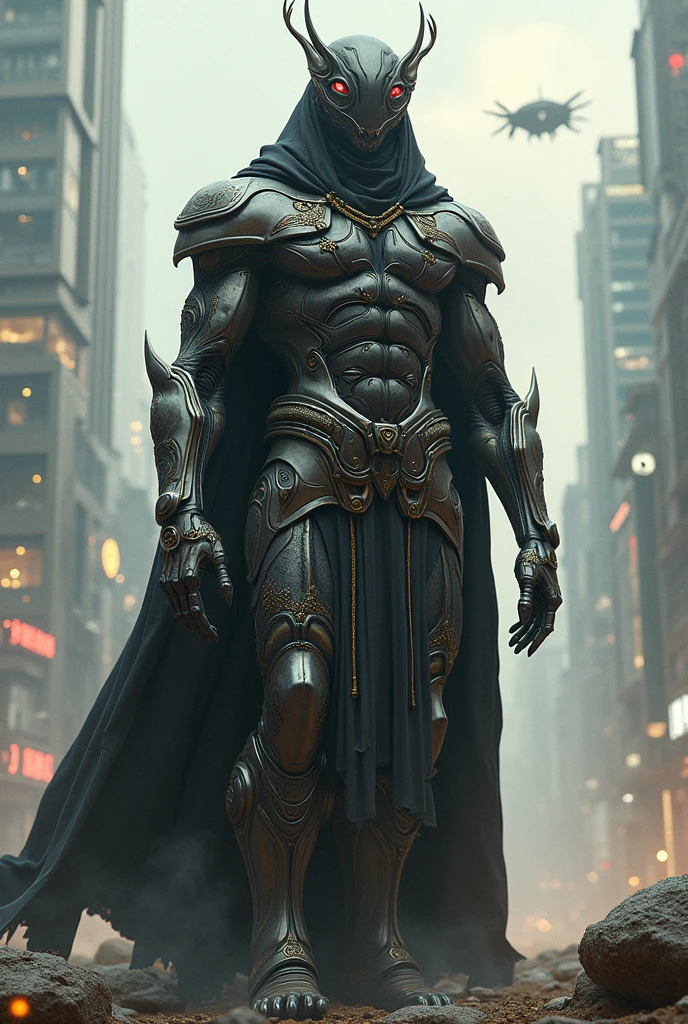 Humanoid cyclops with urban robes in a futuristic world and a metal arm