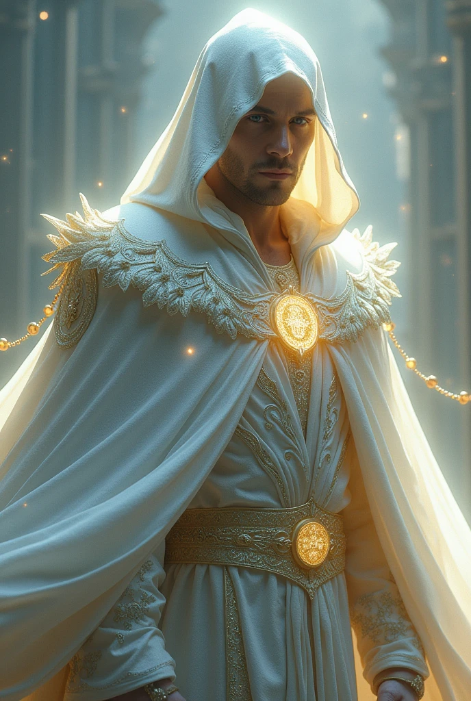 MAN WEARING A SILVER WIZARD&#39;S CAPE WITH GOLD AND CELESTIAL WHITE FROM HEAD TO TOE ,Showing your masculine face