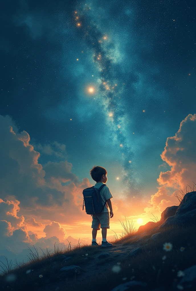 (abstract) a movie poster, where a boy travels to space in search of the love of his life
