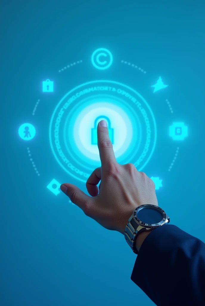 a hand pressing a button on a blue background, which is surrounded by various icons about Copyright. The hand is located in the center of the image, with the button being the focal point. The blue background provides a visually striking contrast to the hand and button, drawing attention to the action taking place. The hand is also wearing a watch, adding a personal touch to the scene.