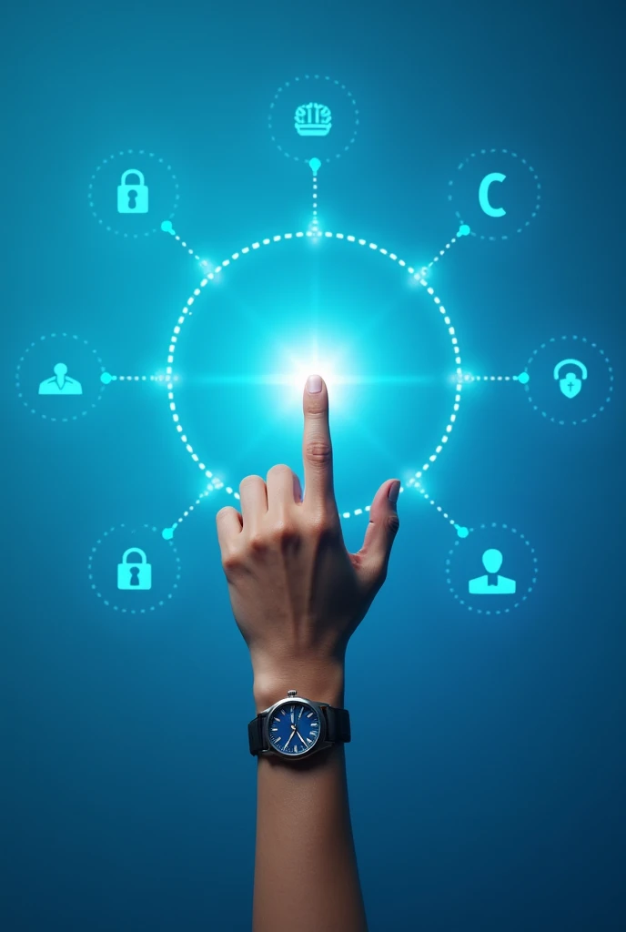 a hand pressing a button on a blue background, which is surrounded by various icons about Copyright. The hand is located in the center of the image, with the button being the focal point. The blue background provides a visually striking contrast to the hand and button, drawing attention to the action taking place. The hand is also wearing a watch, adding a personal touch to the scene.