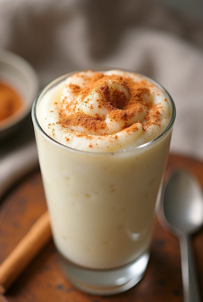 Rice pudding in a 7oz glass with ground cinnamon sprinkled on top, 3 passes,  milkmaid
