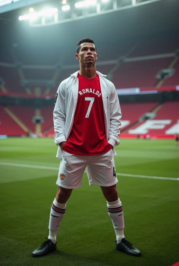 Christiano ronaldo standing legs wide at old traford stadium, wearing a whirt short and a long sleeve red tshirt with name writing Ronaldo and 7, without Manchester united logo