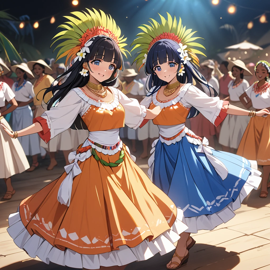 ((Highest quality)), ((masterpiece)), (detailed), (Perfect Face)、The woman is Reika Aoki with semi-long hair、A woman is dancing the Mauritian folk dance Sega dance in a costume of the Mauritian folk dance Sega dance in Mauritius, Africa