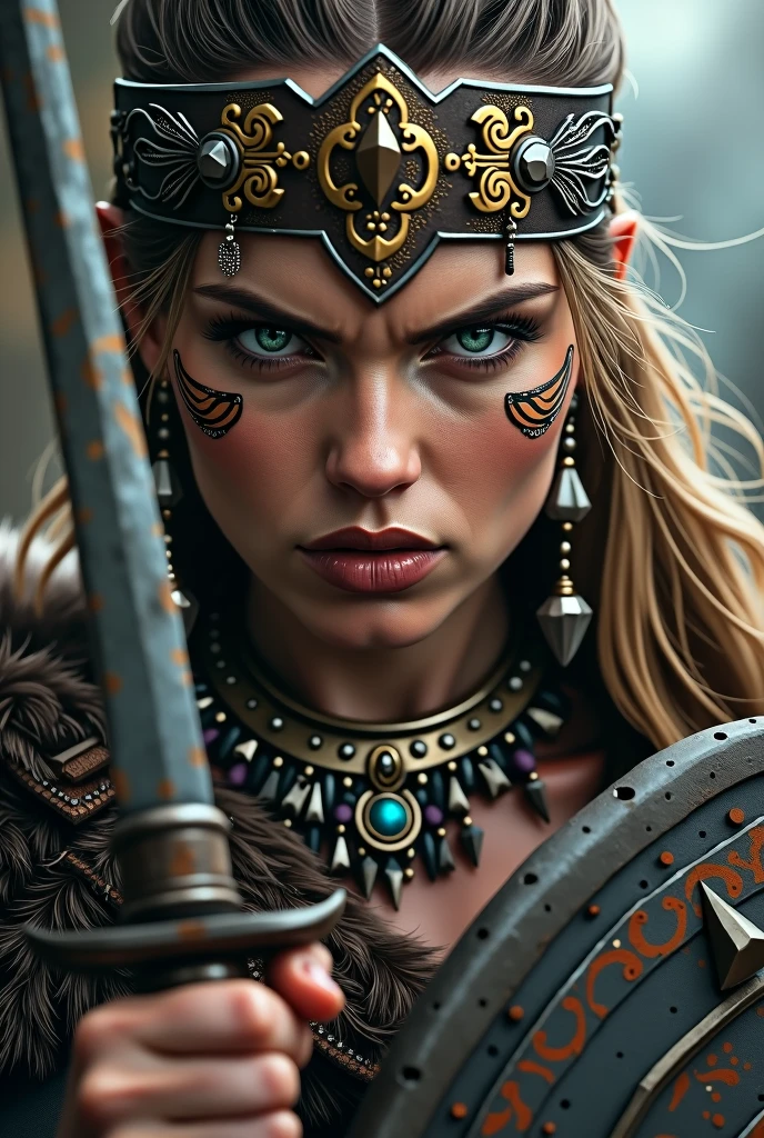 Close up face beautiful viking woman, spear and shield in hand , blue eyes with strong light, large crown on head , tribal design on the eyes, Angry, necklace around the neck with ornaments, battle outfit, knife close to the face