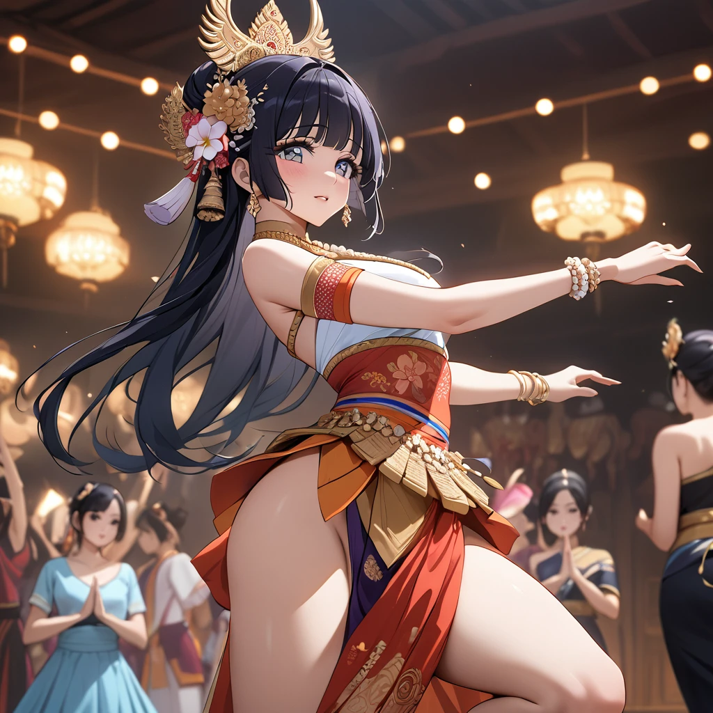 ((Highest quality)), ((masterpiece)), (detailed), (Perfect Face)、The woman is Reika Aoki with semi-long hair、A woman is wearing a Thai dance costume and dancing the Thai dance Ram in Thailand