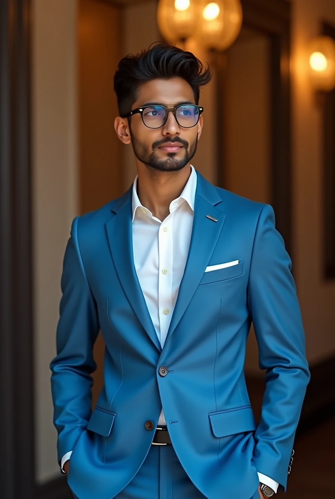 21 yr old Indian boy with narrow body wearing clubmaster metal frame spect nd fair skin wearing formal sky-blue suit for party right comb hair gentle 


 
