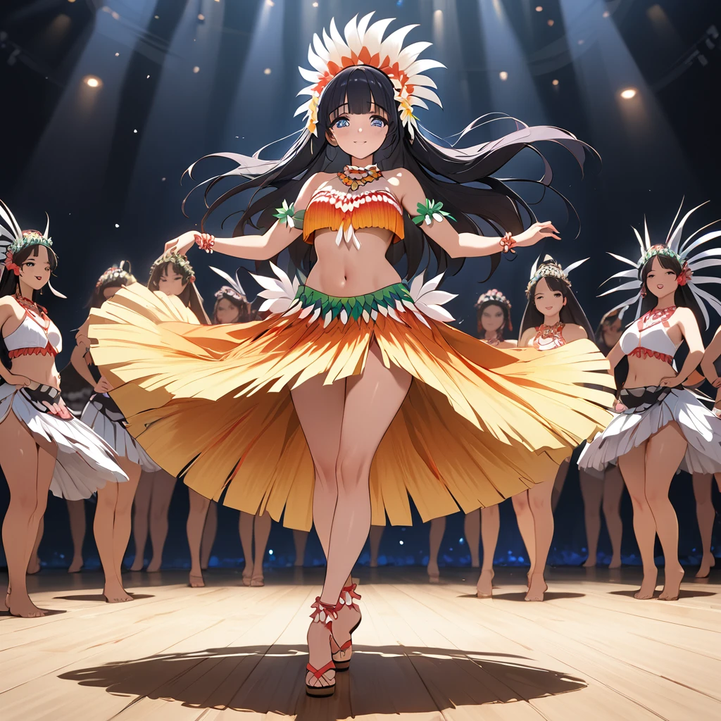 ((Highest quality)), ((masterpiece)), (detailed), (Perfect Face)、The woman is Reika Aoki with semi-long hair、The woman is wearing a Tahitian dance costume and dancing the Tahitian dance Toere.
