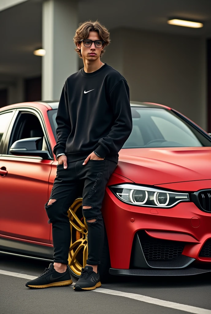 Realistic HD photo from different angles of a BMW 320i 2014 model in matte red with gold rims and yellow calipers and a spoiler, Sporty diffuser and side skirts in carbon fiber, and leaning on him a young man with square glasses and slightly long wavy hair with a taper fade cut, black Nike sweatshirt, Black ripped pants and Yeezy 350 bread