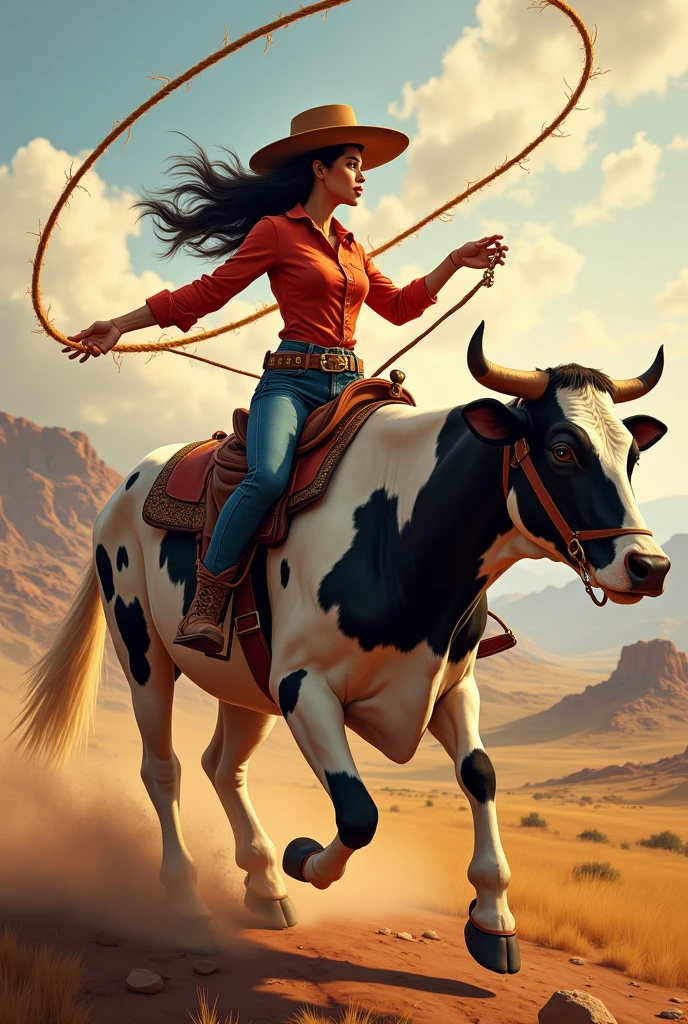 Side view, Hispanic cow girl, spinning a lasso above her head, riding a spotted cow
