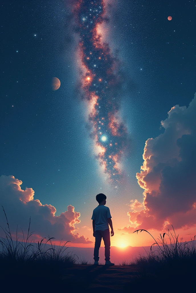 (abstract) a movie poster, where a teenager travels to space in search of the love of his life