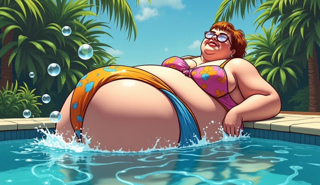 beautiful morbidly obese woman in a bikini farting and releasing bubbles from her buttcheeks in a pool, comic artstyle