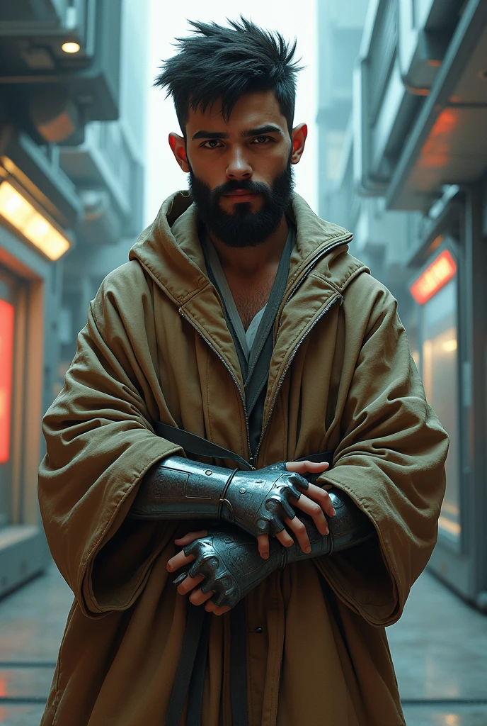 Short bearded boy tied up with urban robe in a futuristic world and a metal arm